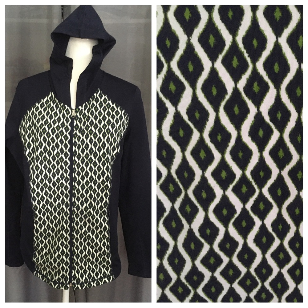 Zenergy by Chico's MED (Chico's 1) Navy Print Athletic Hoodie Jacket Zip Pockets